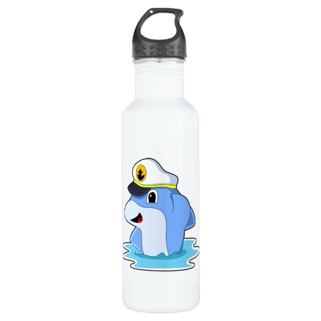 Dolphin as Captain with Hat Stainless Steel Water Bottle (Front)