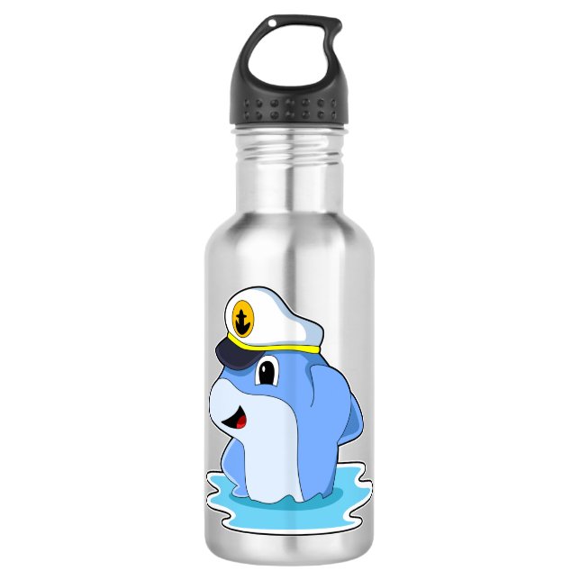 Dolphin as Captain with Hat Stainless Steel Water Bottle (Front)
