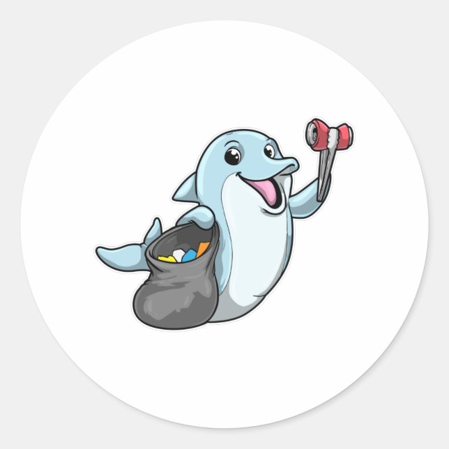 Dolphin as Cleaner with Trash bag Classic Round Sticker (Front)