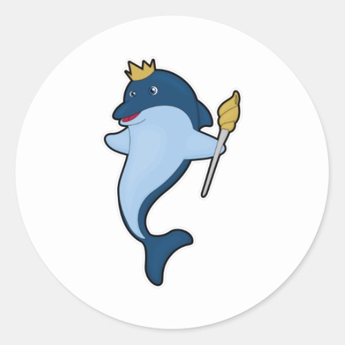 Dolphin as King with Staff  Crown Classic Round Sticker