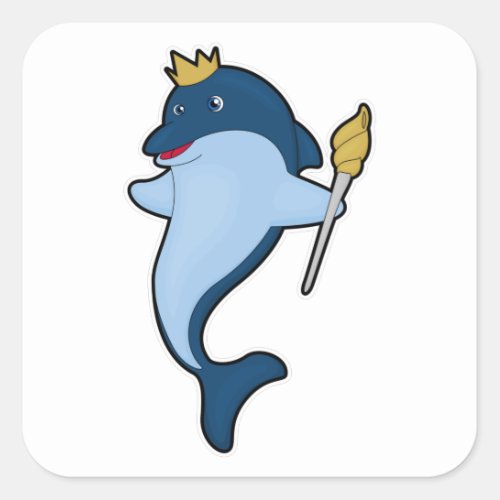 Dolphin as King with Staff  Crown Square Sticker