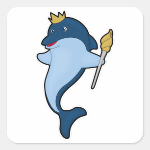 Dolphin as King with Staff & Crown Square Sticker