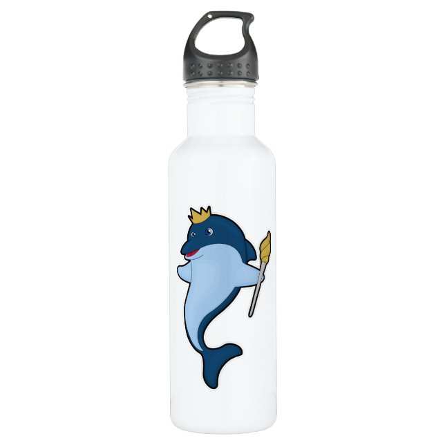 Dolphin as King with Staff & Crown Stainless Steel Water Bottle (Front)