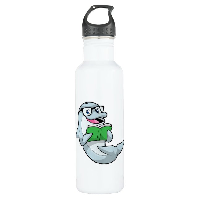 Dolphin as Nerd with Glasses & Book Stainless Steel Water Bottle (Front)