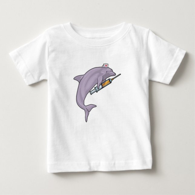 Dolphin as Nurse with Syringe Baby T-Shirt (Front)