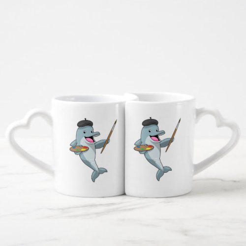 Dolphin as Painter with Paint brush  Color Coffee Mug Set