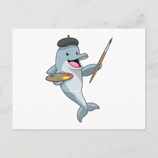 Dolphin as Painter with Paint brush & Color Postcard (Front)