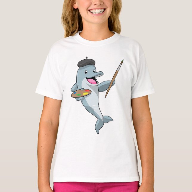 Dolphin as Painter with Paint brush & Color T-Shirt (Front)
