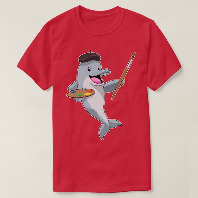 Dolphin as Painter with Paint brush Colour T-Shirt (Design Front)