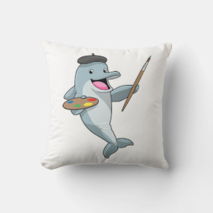 Dolphin as Painter with Paint brush & Colour Throw Pillow