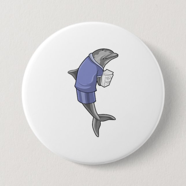 Dolphin as Secretary with Stack of paper Button (Front)