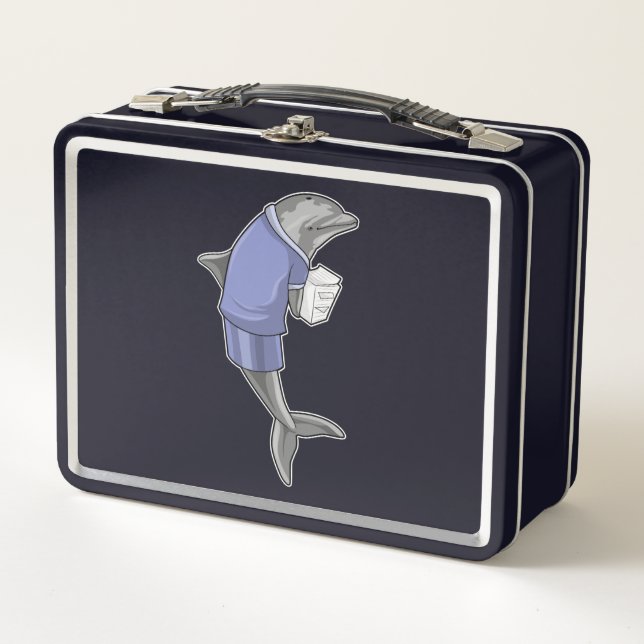 Dolphin as Secretary with Stack of paper Metal Lunch Box (Front)