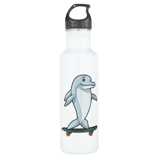 Dolphin as Skater with Skateboard Stainless Steel Water Bottle (Front)