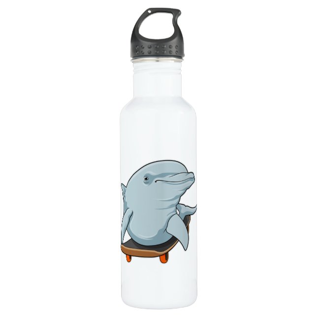 Dolphin as Skater with Skateboard Stainless Steel Water Bottle (Front)