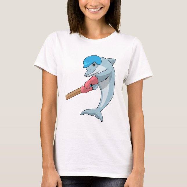 Dolphin at Cricket with Cricket bat T-Shirt (Front)