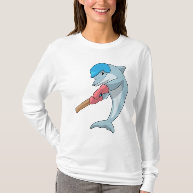 Dolphin at Cricket with Cricket bat T-Shirt (Front)