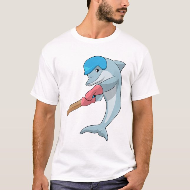 Dolphin at Cricket with Cricket bat T-Shirt (Front)