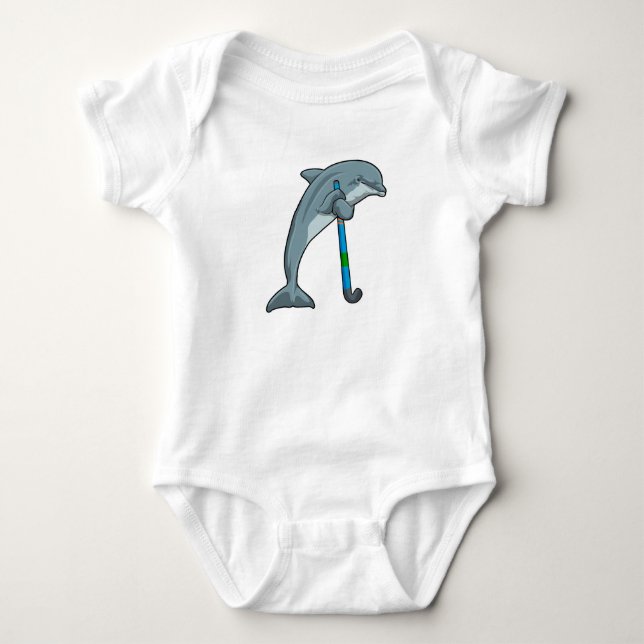 Dolphin at Hockey with Hockey stick Baby Bodysuit (Front)