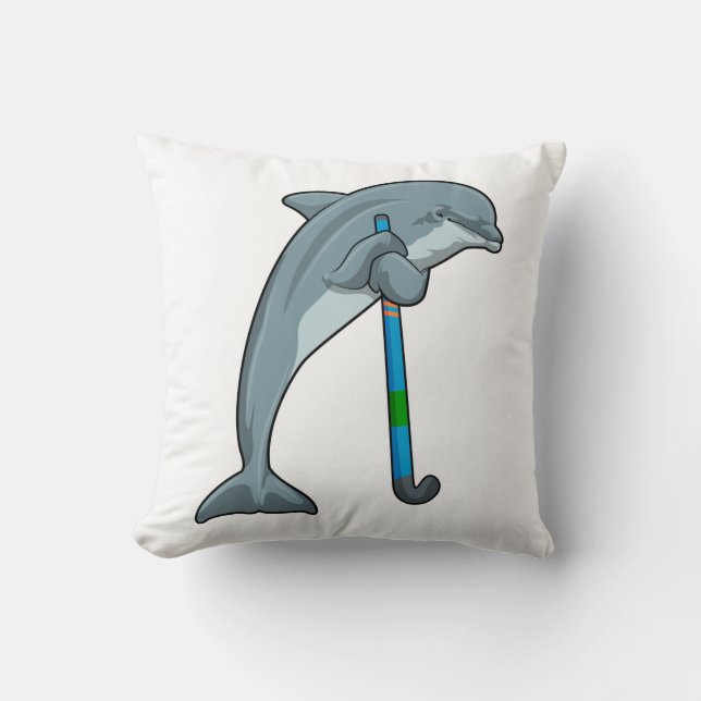 Dolphin at Hockey with Hockey stick Throw Pillow (Front)
