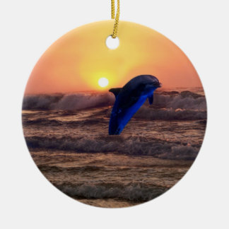 Dolphin at sunset christmas tree ceramic ornament