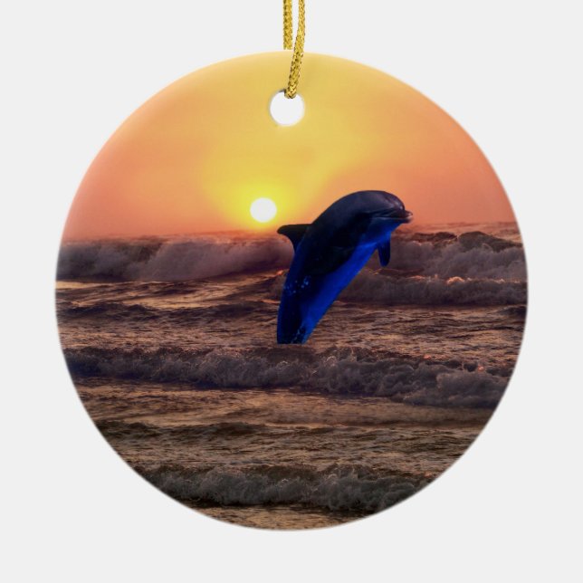 Dolphin at sunset christmas tree ceramic ornament (Front)