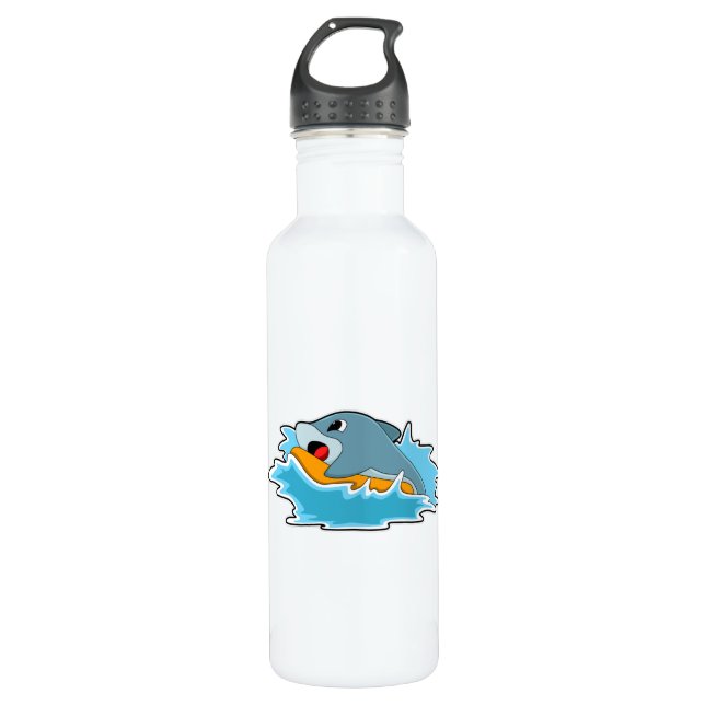 Dolphin at Surfing with Surfboard Stainless Steel Water Bottle (Front)