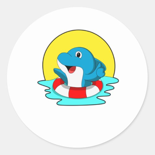 Dolphin at Swimming with Swim ring Classic Round Sticker