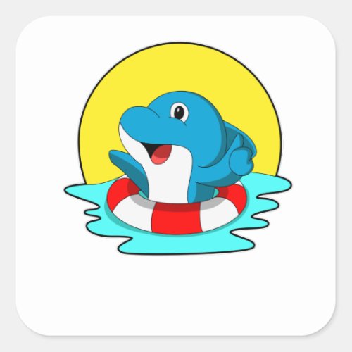 Dolphin at Swimming with Swim ring Square Sticker