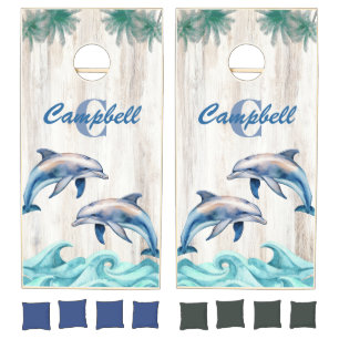 Dolphin Beach House Family Monogram Name Sea Ocean Cornhole Set