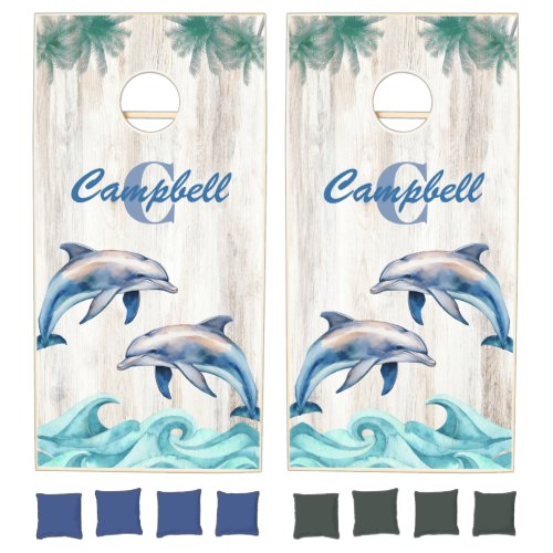 Dolphin Beach House Family Monogram Name Sea Ocean Cornhole Set