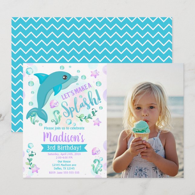Dolphin Birthday Invitation / Swimming Pool Party (Front/Back)