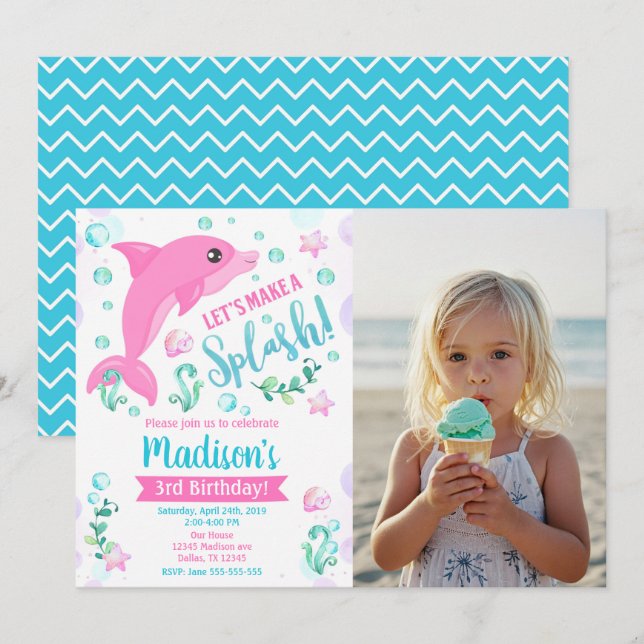 Dolphin Birthday Invitation / Swimming Pool Party (Front/Back)