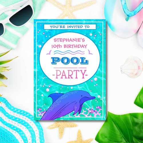 Dolphin Birthday Swimming Pool Party Invitation