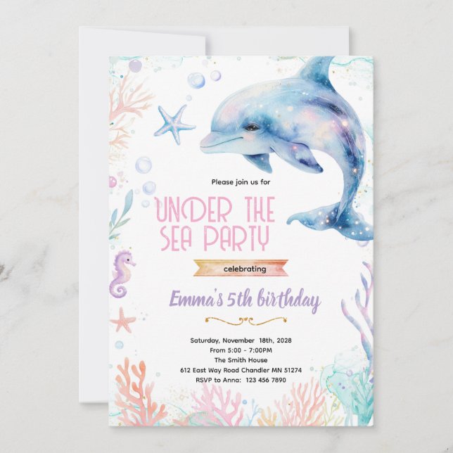 Dolphin birthday theme party invitation (Front)