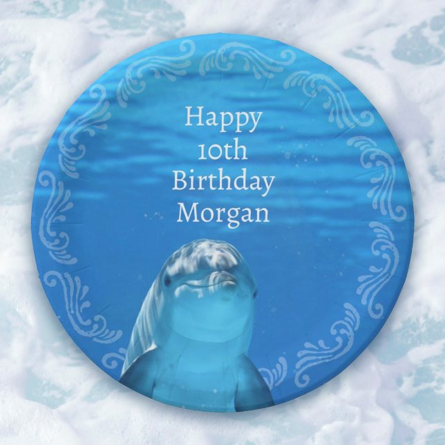 Dolphin Blue Ocean 10th Birthday Party Paper Plates (Under the Sea Dolphin Blue Ocean 10th Birthday Party Paper Plates. Includes any age template.)