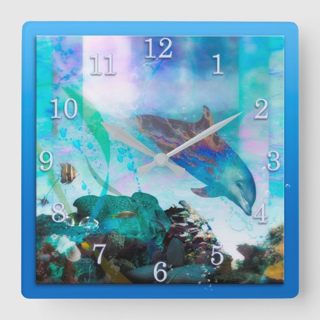 DOLPHIN BLUE OCEAN DIVERS SQUARE WALL CLOCK (Front)