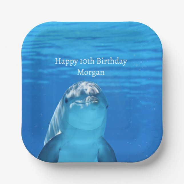 Dolphin Blue Ocean Happy Birthday Name Age Paper Plates (Front)