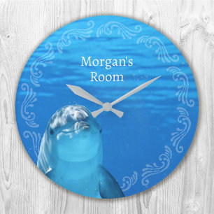 Dolphin Blue Ocean Name Template Large Clock