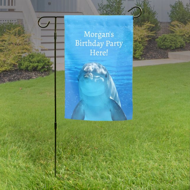 Dolphin Blue Weatherproof Personalized Garden Flag (Dolphin Personalized Blue Ocean Birthday Party Yard Sign - Help your guests find your party!)