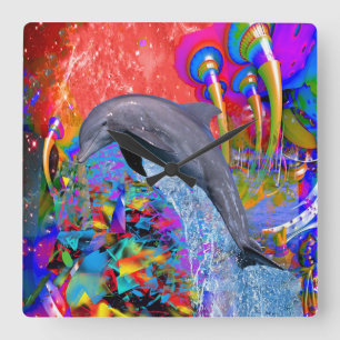 Dolphin Color Splash Square Wall Clock