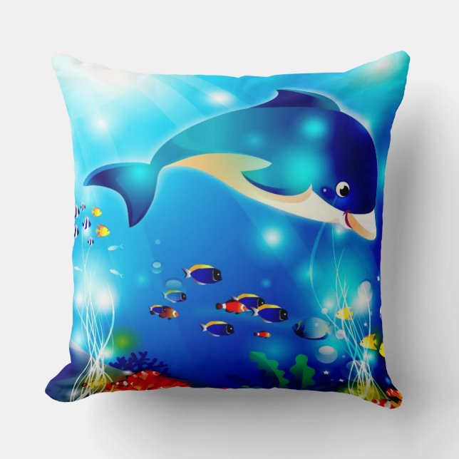 Dolphin & Colorful Sea-Life Digital Illustration Throw Pillow (Front)