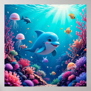 Dolphin Coral Reef Ocean Aquarium Theme Print