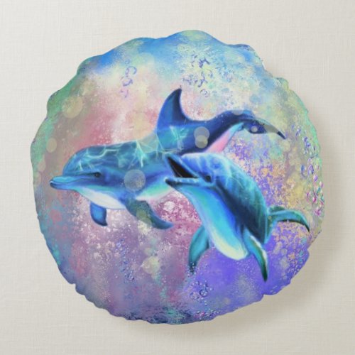 Dolphin Couple _ Add Your Picture  Text Round Pillow