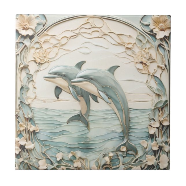 Dolphin Couple Art Nouveau Faux Relief 2 Dolphins Ceramic Tile (Front)