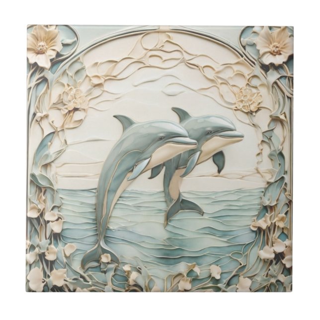 Dolphin Couple Art Nouveau Faux Relief Mint Blue Ceramic Tile (Front)