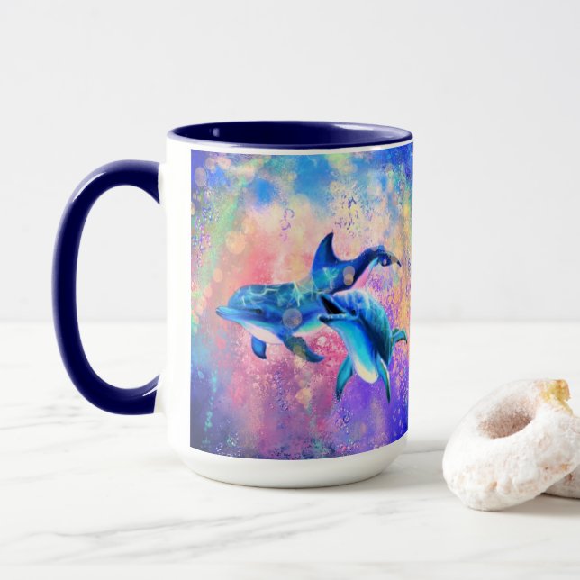 Dolphin Couple Mug Happy Family - Painting (With Donut)