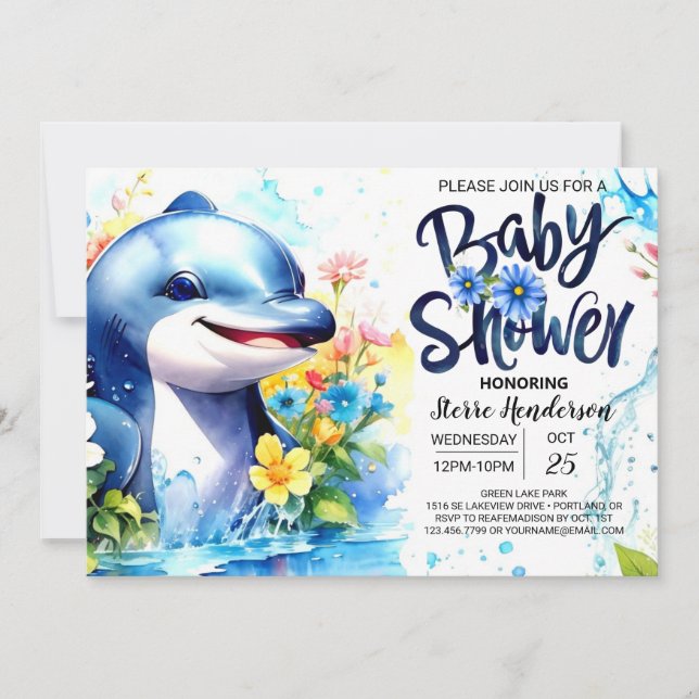 Dolphin Dance Deep Blue Boy Baby Shower Invitation (Front)