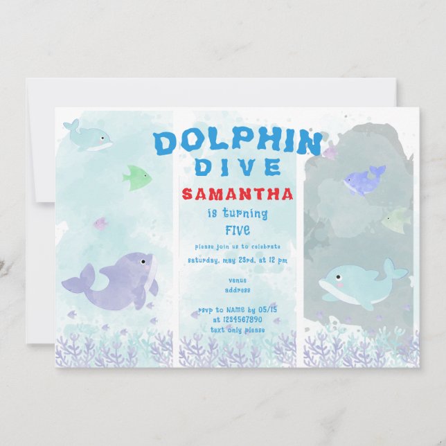 Dolphin Dive Aquarium Ocean Swim Kids Birthday Invitation (Front)