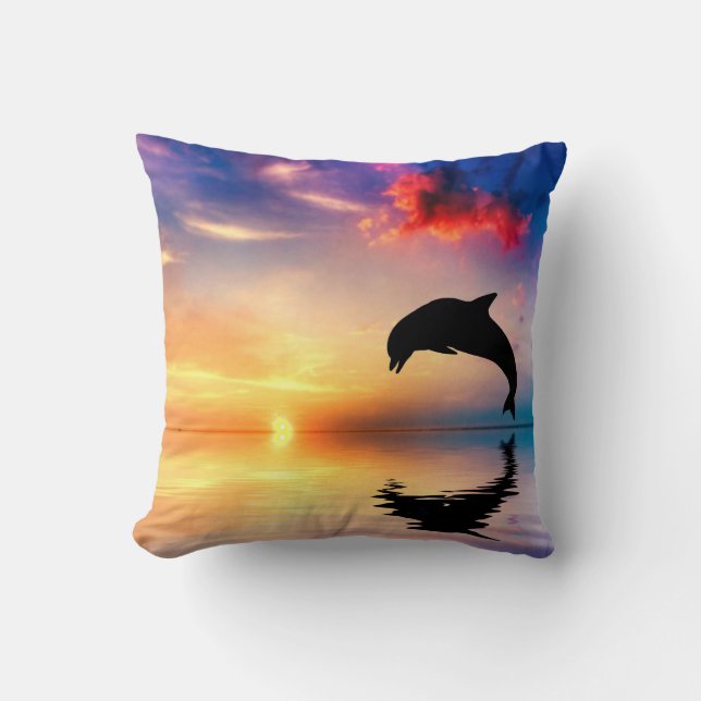 Dolphin Diving at Sunset Throw Pillow (Front)