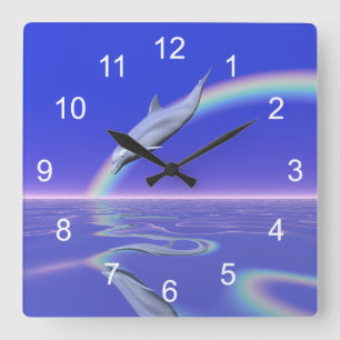Dolphin Diving with Rainbow Square Wall Clock